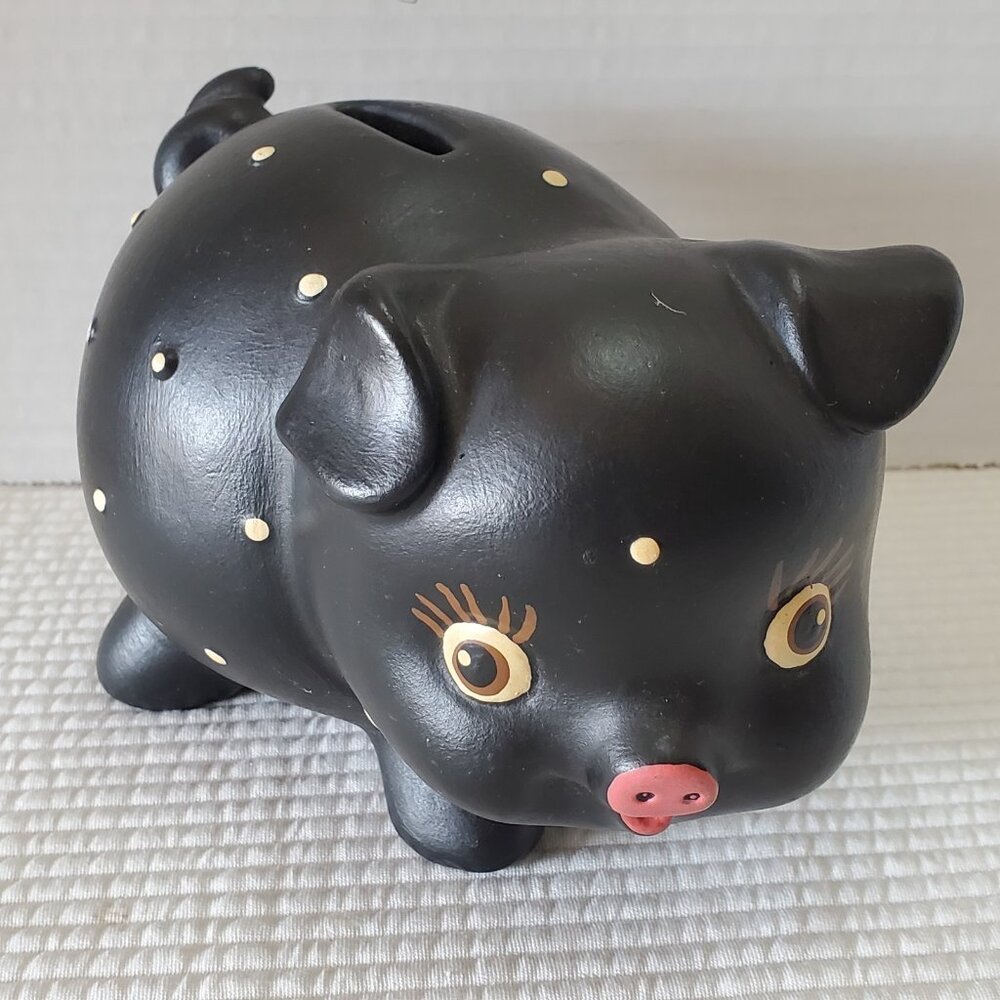 Piggy Bank Pottery Chalkware 7"x5" Vintage Black Pig Polka Dot Eyelashes Stopper